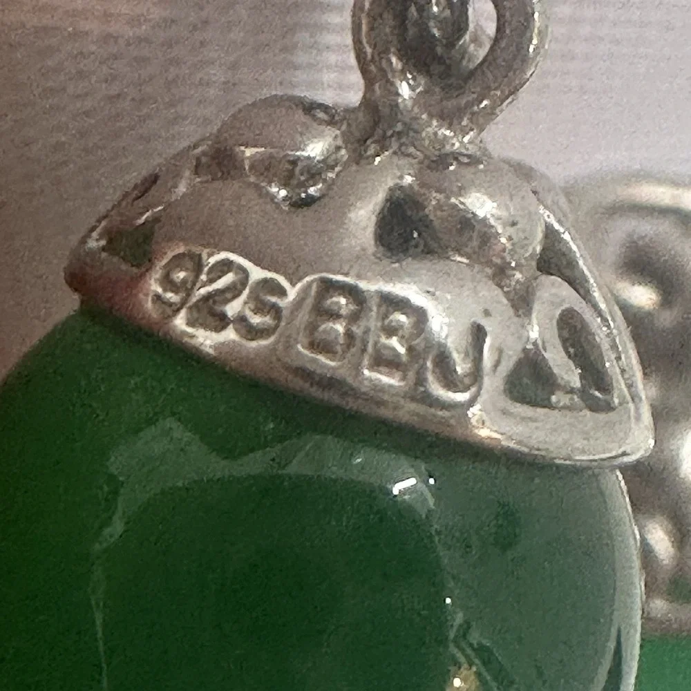 BBJ‎ Natural Green Jade Ball Gemstone 925 Sterling Silver Drop Earrings Filigree